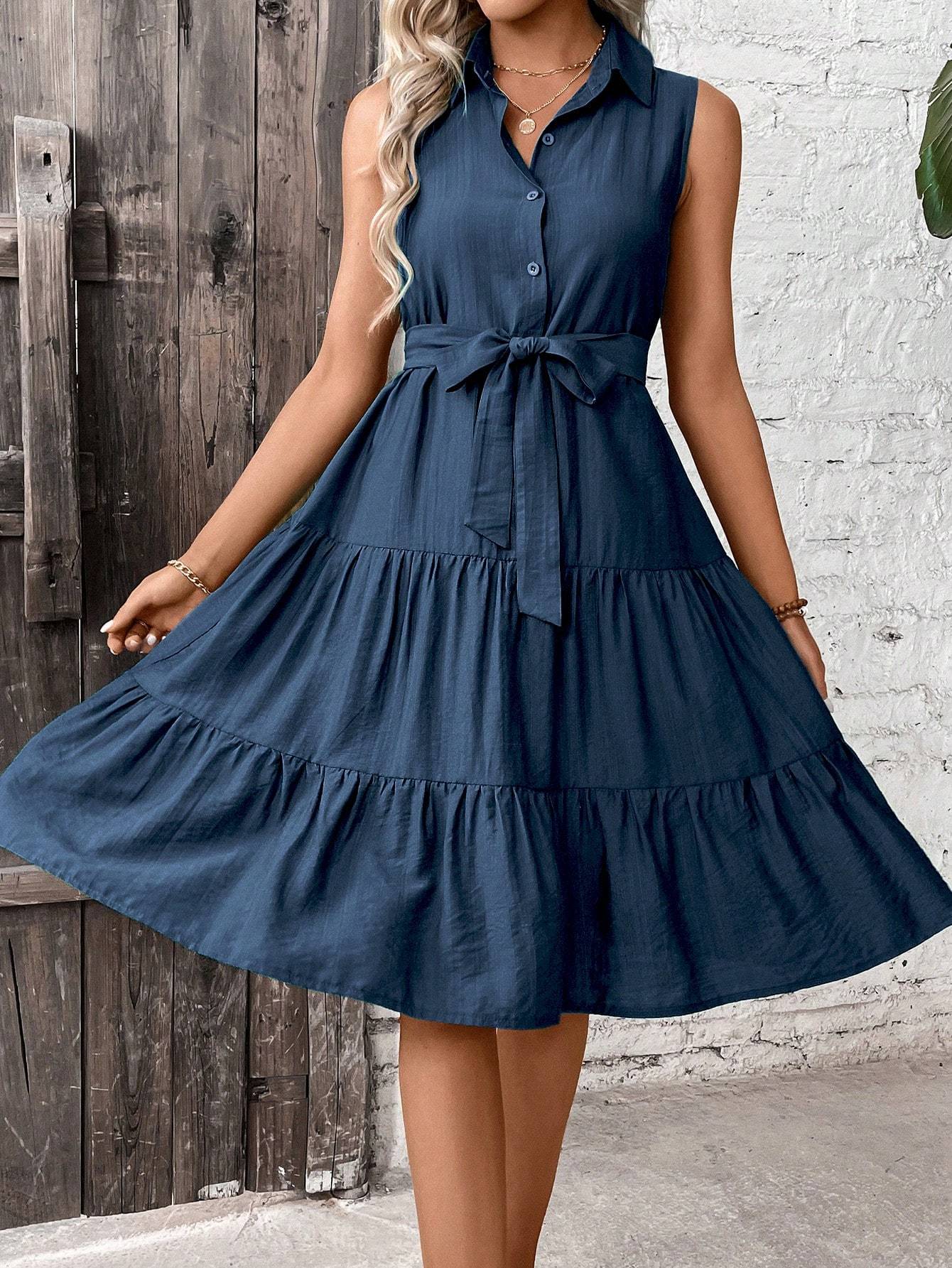 Women's Ruffle Hem Belted Shirt Maxi Dress