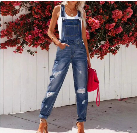 Women's Cropped Ripped Denim Overalls β Streetwear Strap Bib Jeans