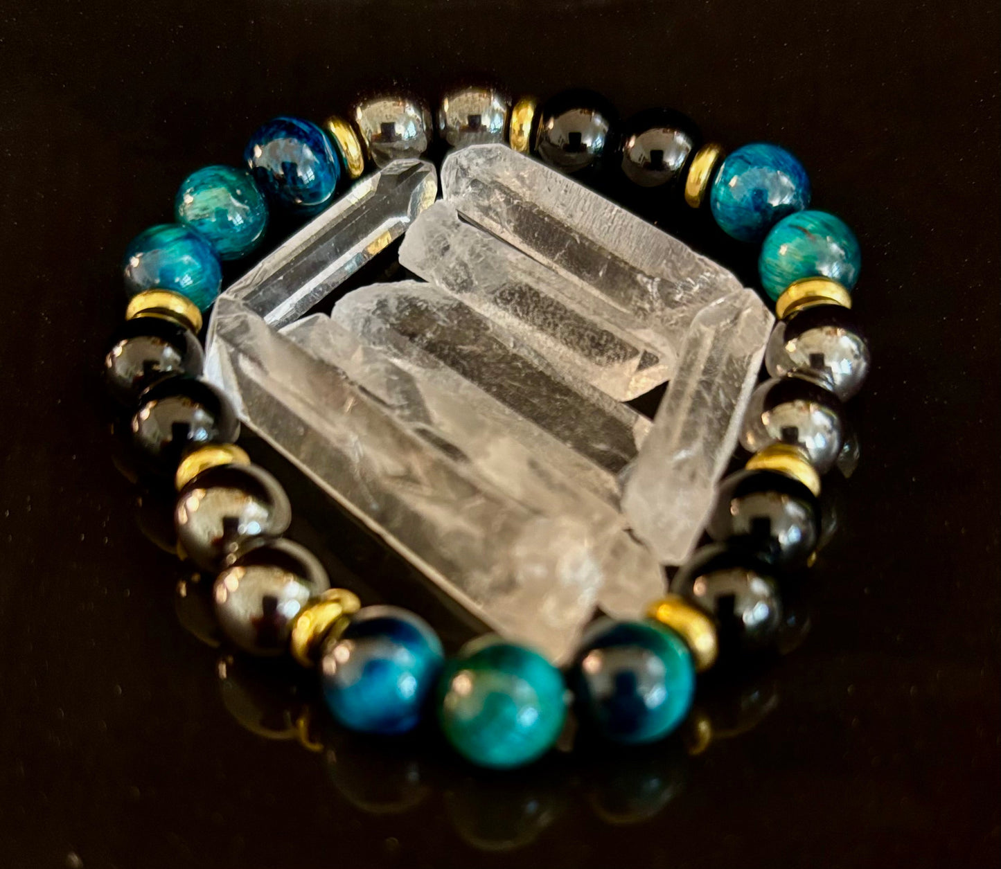 Blue Tiger Eye + Hematite + Onyx Bracelet β Anxiety Relief, Strength & Focus (8mm β’ Medium Wrist)
