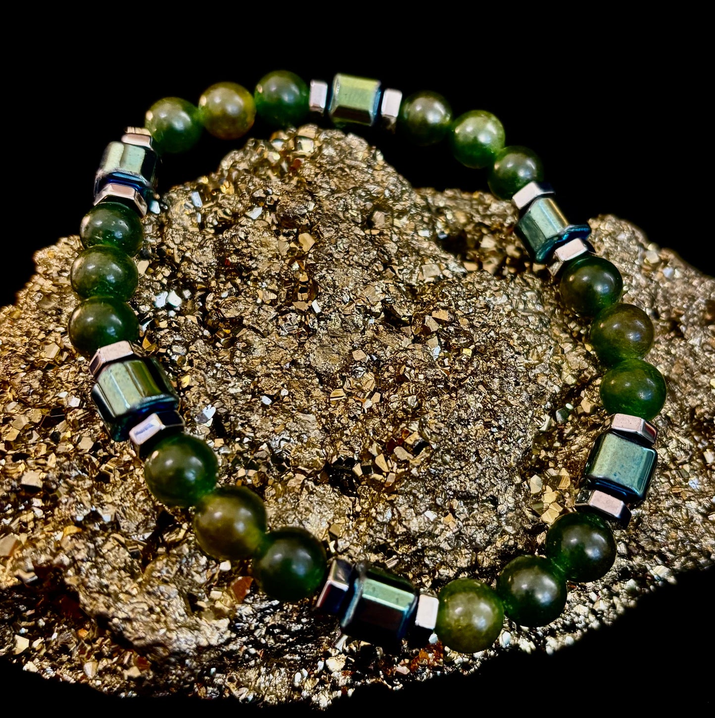 Green Moss Agate Healing Bracelet with Hematite Accents - Large Wrists