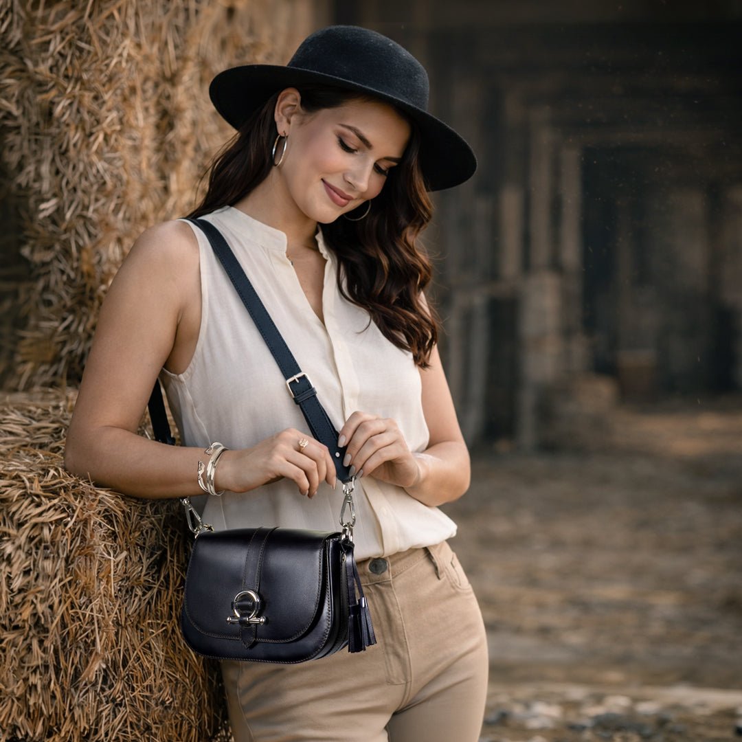 Del Rey - Equestrian Horse Bit Crossbody Luxury Leather Handbag in Black