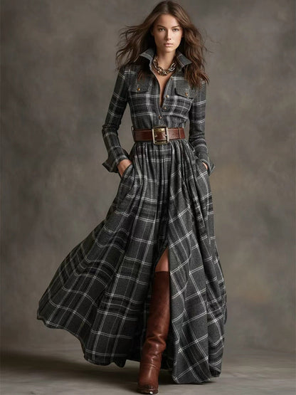 Women's Plus Size Plaid Print Long Sleeve Shirt Dress with Pockets