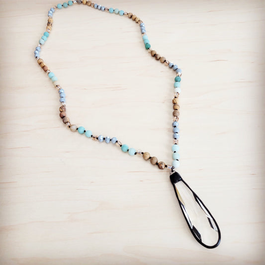 Picture Jasper & Amazonite Long Beaded Necklace w/ Crystal Pendant 262r
