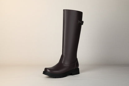 Women’s Retro British-Style Riding Boots – Leather Belt Buckle Knee Boots