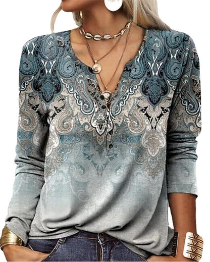 Women's Ethnic Print V-Neck Long Sleeve Loose T-Shirt