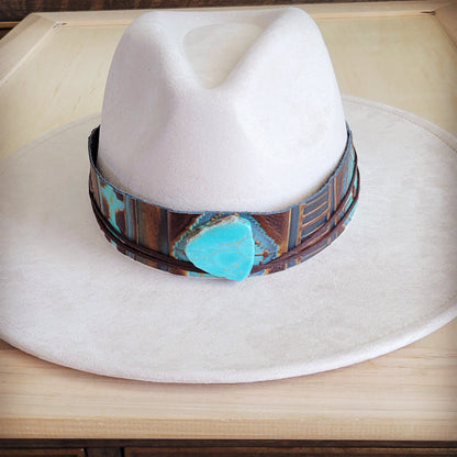 Wide Genuine Leather Blue Navajo Hat Band w/ Turq 953j