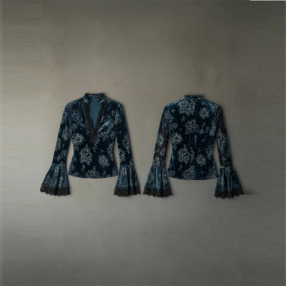 Women’s Retro Lace Panel V-Neck Blouse – Elegant Print Bell Sleeve Top for Spring & Autumn Wear