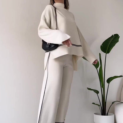Women’s Solid Color Casual Two-Piece Set – Loose Top & Bootcut Pants Suit
