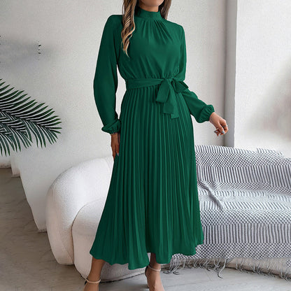 Elegant High Neck Long Sleeve Pleated Maxi Dress - Solid Color Flowy Dress For Women, Casual To Formal Wear