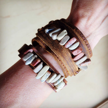 **Genuine Leather Narrow Cuff with Aqua Terra Stones 005f