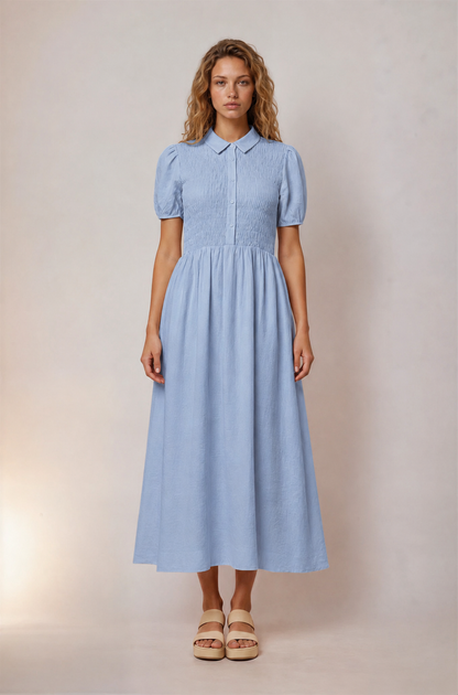 Jenna Smocked Collared Dress in Blue