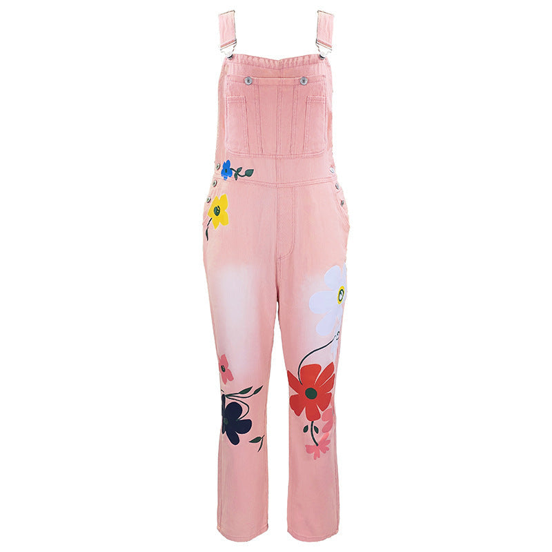 Women's Printed Ripped Loose Straight-Leg High-Waist Denim Pants