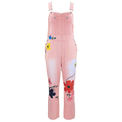 Women's Printed Ripped Loose Straight-Leg High-Waist Denim Pants