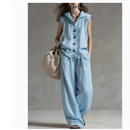 Sleeveless Hooded Top & Wide-Leg Pants Set | High-Waist Two-Piece
