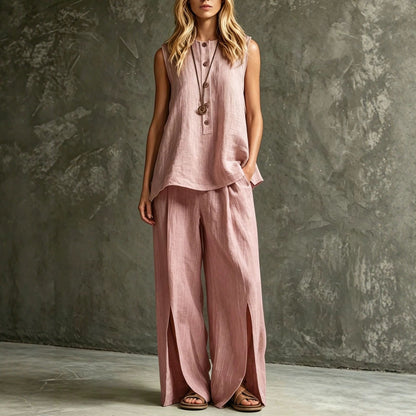 Women's Loose Sleeveless Tank Top & Slit Wide-Leg Pants Two-Piece Set
