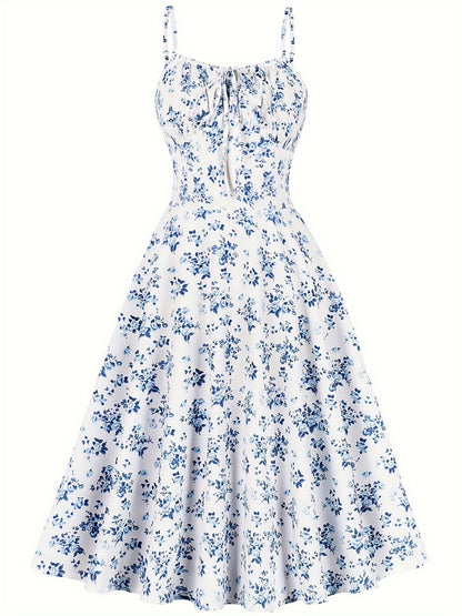Floral Backless Bow-Tie Strappy Maxi Dress – Black & Blue, S–XXL