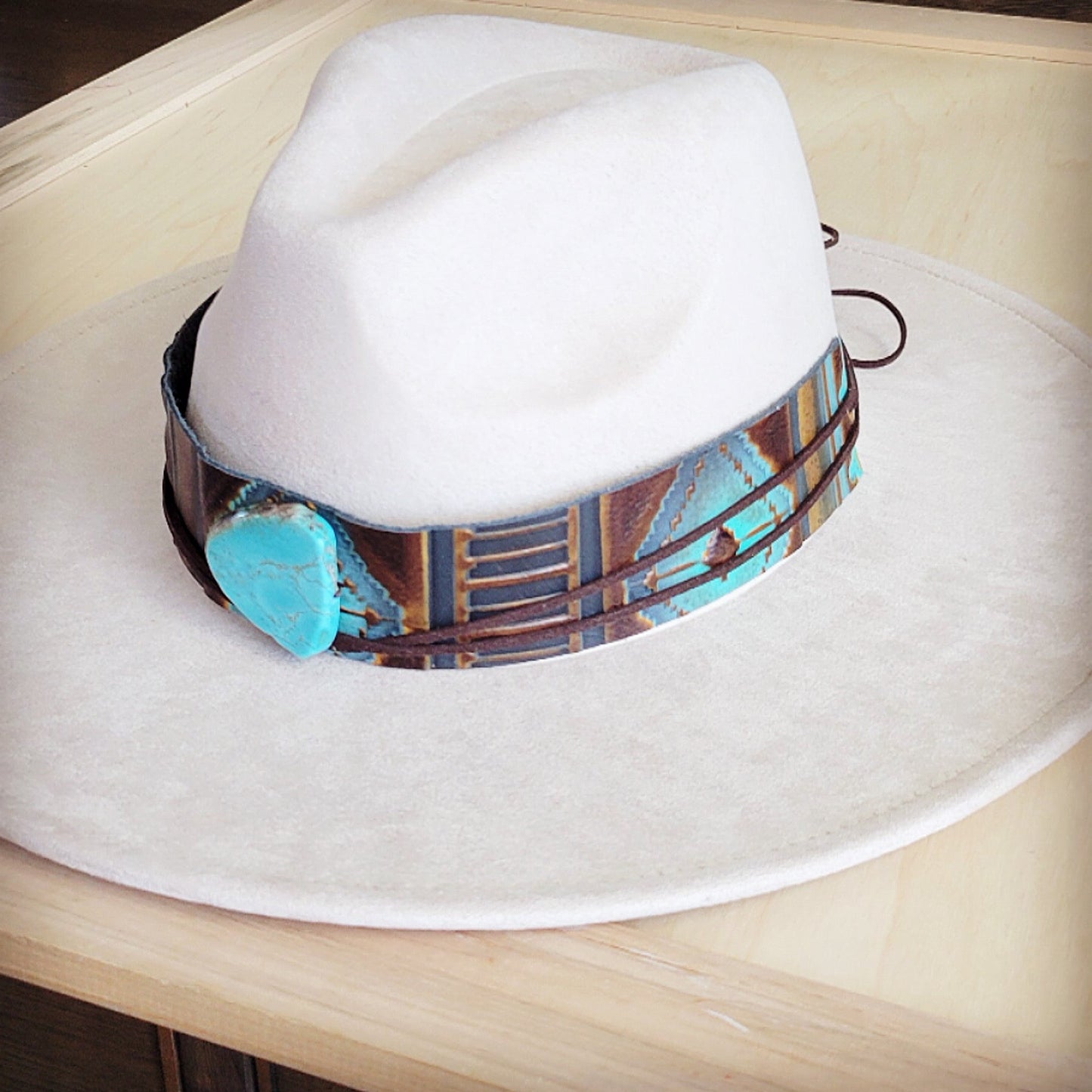 Wide Genuine Leather Blue Navajo Hat Band w/ Turq 953j