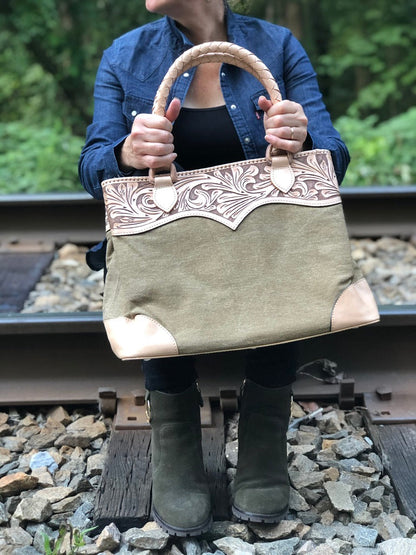 Hand-Tooled Leather & Denim Tote "Denim" by ALLE more Colors