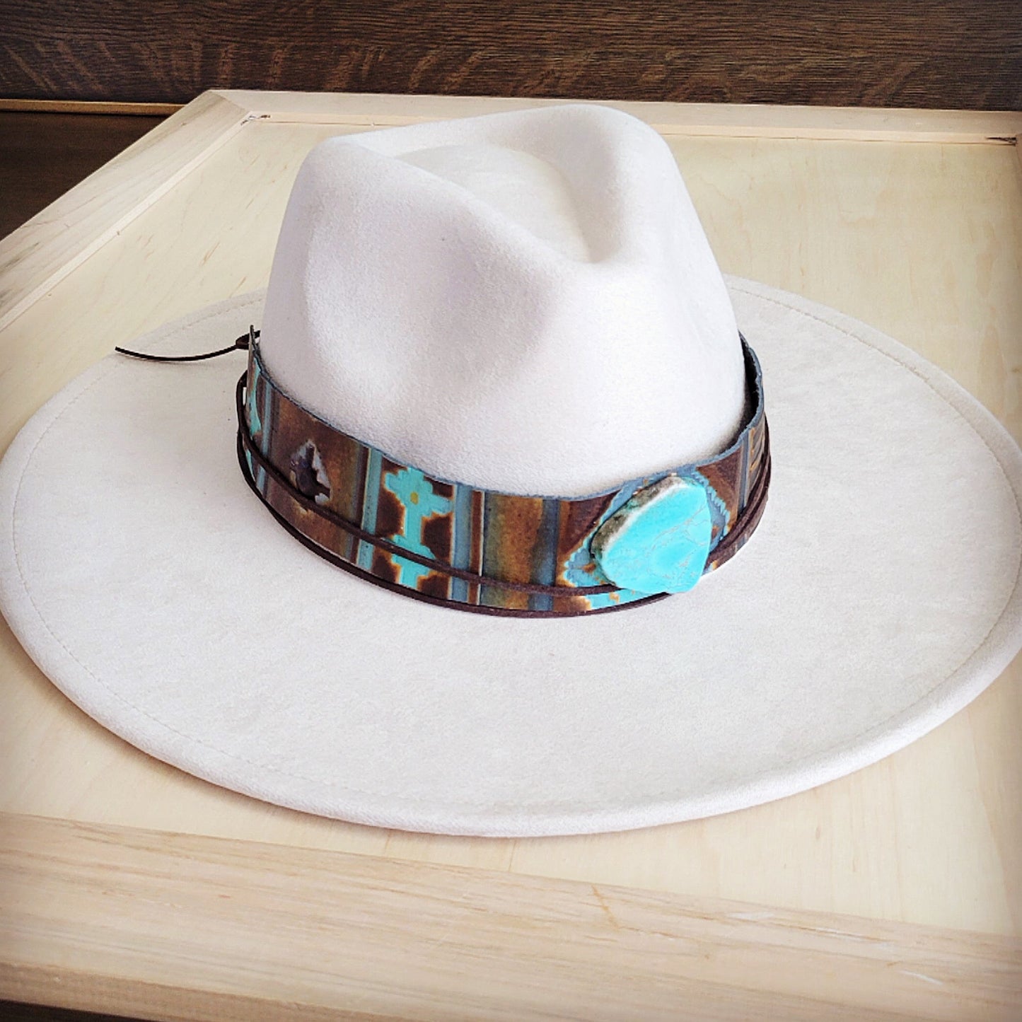 Wide Genuine Leather Blue Navajo Hat Band w/ Turq 953j