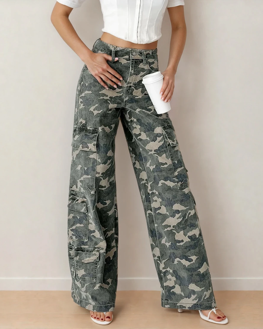 Peyton Camo Multi Pocket Cargo Wide Leg Jeans