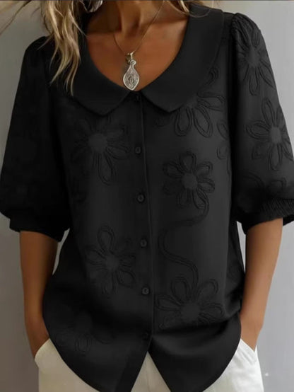Women's Loose-Fit Retro 3D Embroidered Floral Shirt – Buttoned Casual Top