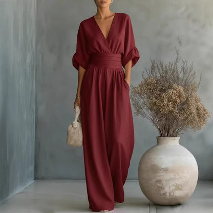 Women's V-Neck Wide-Leg Jumpsuit – High Waist Pleated Elegant 11 Colors S–5XL