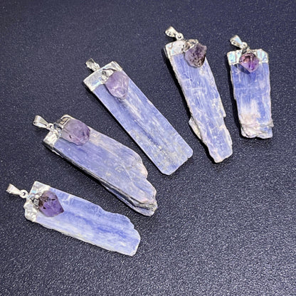 Kyanite Amethyst Crystal Point Pendant (Silver Plated)
