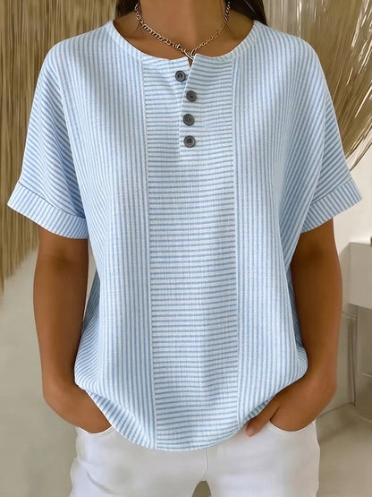 Women's Cotton Linen Striped T-Shirt – V-Neck, Button Detail, Loose Fit