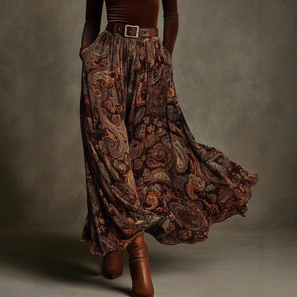 Women's Floral Print Long Sleeve Skirt Set with Belt – Caramel