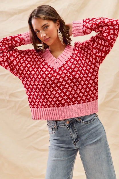 SO ME Color Block Textured Christmas Sweater V Neck Top