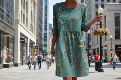 Women's 3D Floral Print Long-Sleeve A-Line Dress – Crew Neck Loose Fit