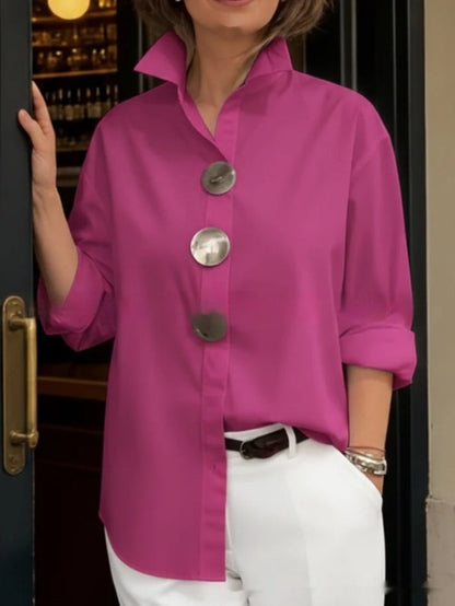 Stand-Up Collar Metal Button Long Sleeve Shirt – Women’s Loose Fit