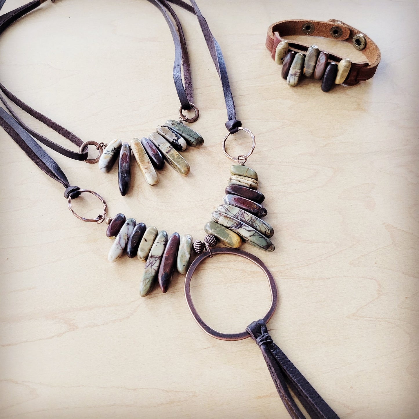 Picasso Jasper Necklace w/ Copper Hoop & Leather Tassel 261e