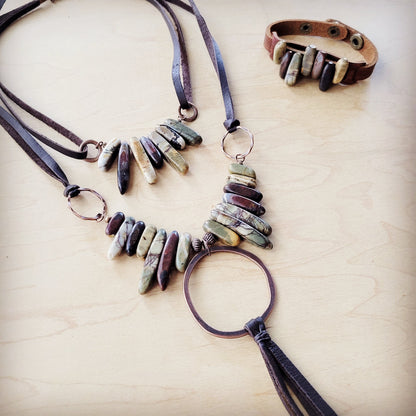 Picasso Jasper Stone Collar Necklace w/ Genuine Leather Cord 261f