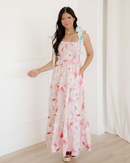 Sunshine Floral Print Knotted Shoulder Smocked Maxi Dress