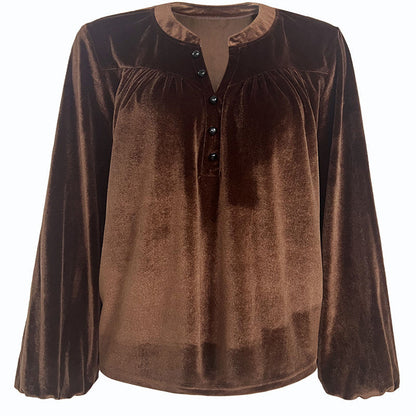 Women's Solid Color V-Neck Button Detail Long Sleeve Pullover