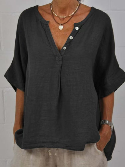 Women's Cotton Linen V-Neck Button-Up Shirt