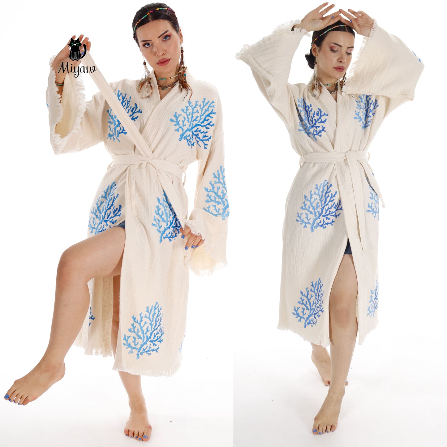 Handcrafted Organic Cotton Kimono in Blue Sea Coral