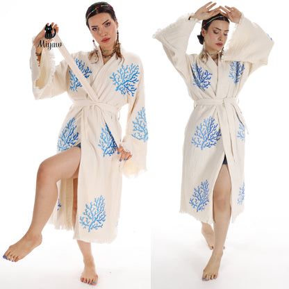 Handcrafted Organic Cotton Kimono in Blue Sea Coral