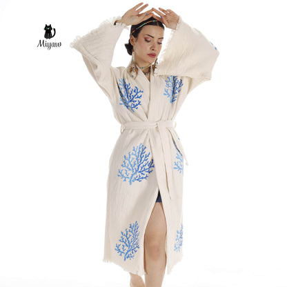 Handcrafted Organic Cotton Kimono in Blue Sea Coral