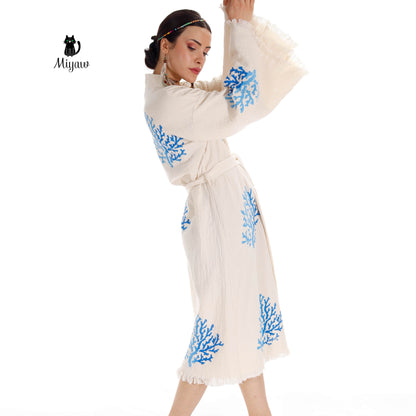 Handcrafted Organic Cotton Kimono in Blue Sea Coral