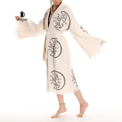 Boho Moon and Sun Print Organic Cotton Kimono Robe for Beach Days