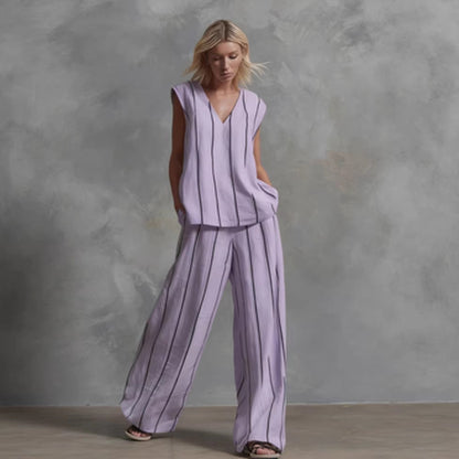 Women’s Sleeveless Striped Top and Full-Length Pants Set
