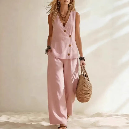 Women's Button-Up Cardigan Vest & Pants Set – Sleeveless Two-Piece