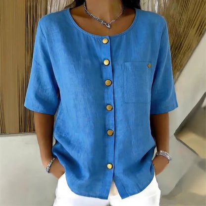 Crew-Neck 3/4 Sleeve Shirt with Metal Buttons – 7 Colors, S–3XL