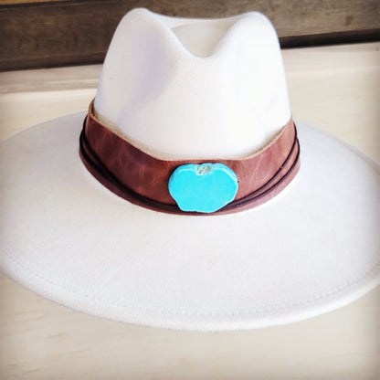 Wide Genuine Leather Cognac Hat Band w/ Turq 954m