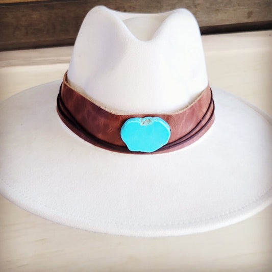Wide Genuine Leather Cognac Hat Band w/ Turq 954m