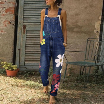 Women's Printed Ripped Loose Straight-Leg High-Waist Denim Pants