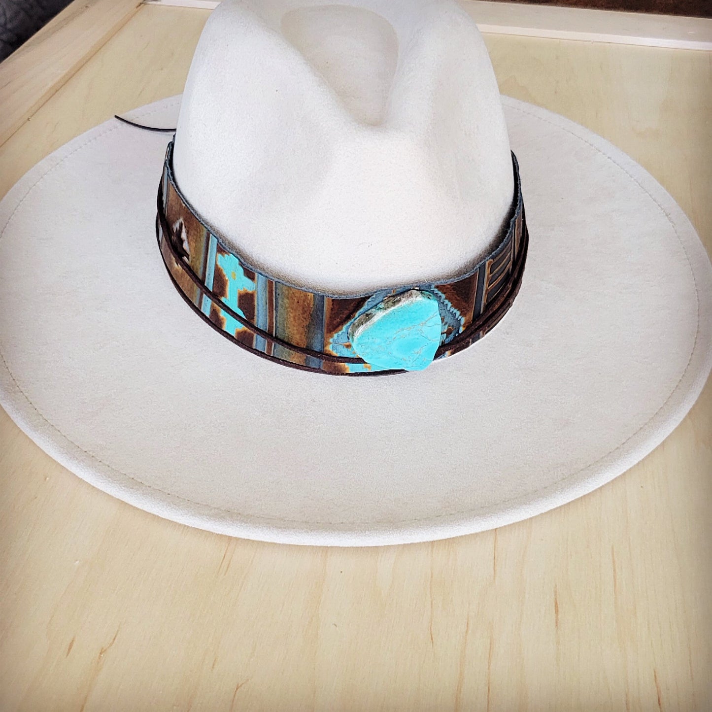 Wide Genuine Leather Blue Navajo Hat Band w/ Turq 953j