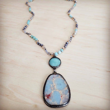 Amazonite & Crystal Long Beaded Necklace w/ Large Jasper Pendant 262q